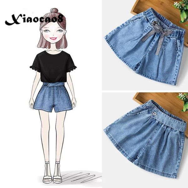 

shorts for girls thin denim jeans short pants summer solid big clothes children bow button teenage, Black
