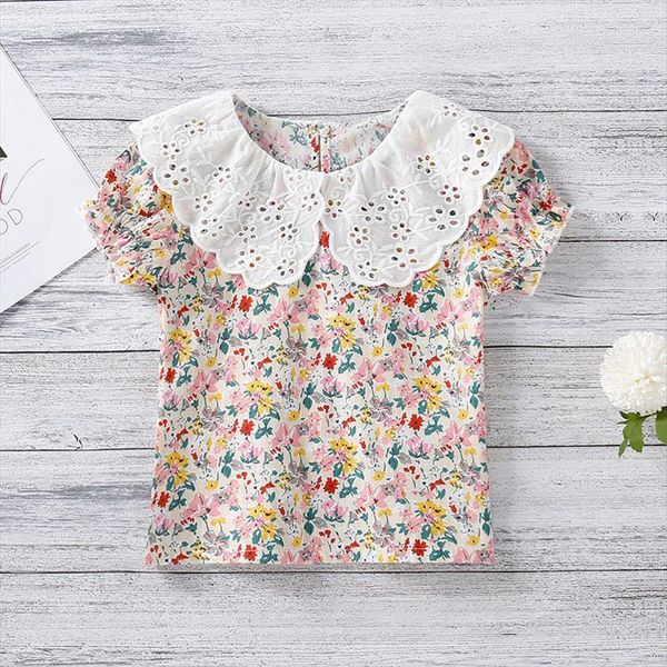 

girls ditsy floral print lace collar t shirts summer child kids round neck short sleeve back botton casual boho tee, Blue