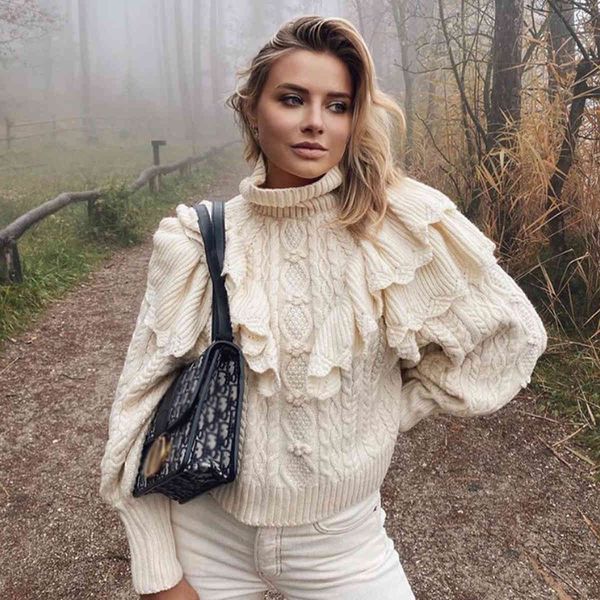 

knits knit ruffle sweater pullovers knitted turtleneck long sleeve winter sweaters loose casual jumper sueter mujer d3nm, White