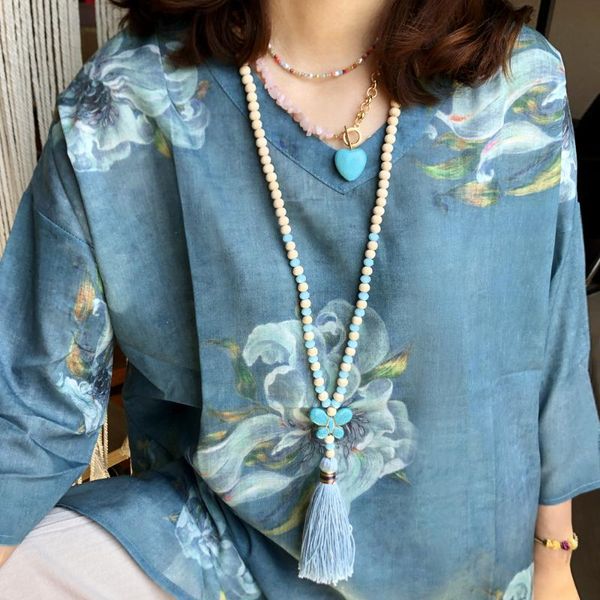 

chains bohemian necklace for female with ethnic wooden bead beaded turquoise butterfly pendant tassel long jewelry wholesale, Silver