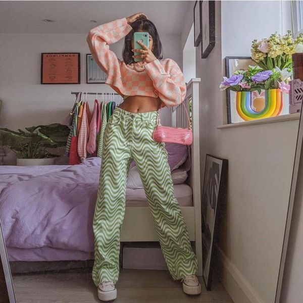 

women's pants & capris women vintage 90s streetwear high waist trousers summer harajuku casual loose wide leg long y2k wave print strai, Black;white
