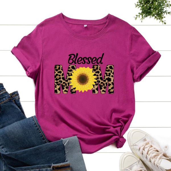 

women's t-shirt blessed mom sunflower women short sleeve crewneck cotton graphic tee summer clothes for woman female tees shirt, White