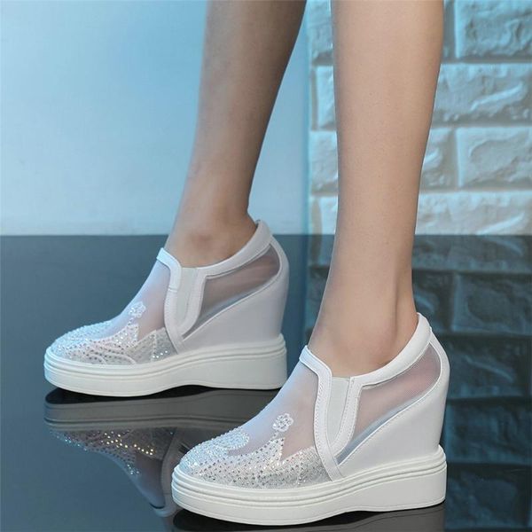 

dress shoes women genuine leather wedges high heel pumps female breathable mesh round toe platform fashion sneakers casual, Black