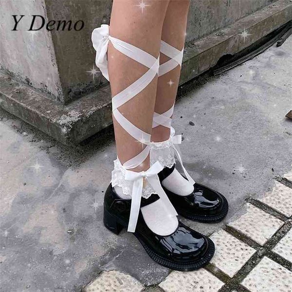 Y Demo Sexy Lace Up Ruffle Ita Meias Gothic Hollow Ribbons Socks Girls 210720