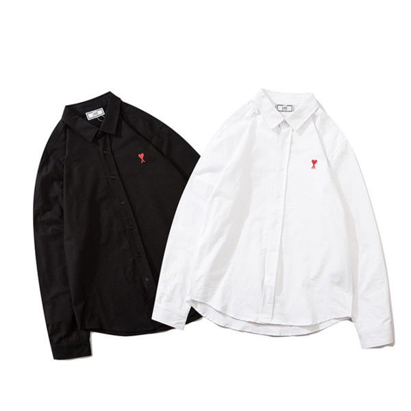 

men's dress shirts ami and women's hooded long-sleeved cotton shirt with red embroidery heart-shaped 2021 fashion spring, White;black