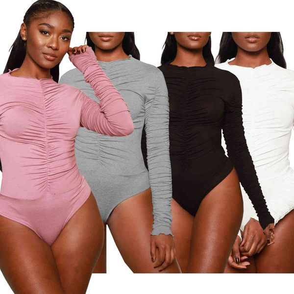 

women's jumpsuits & rompers europe and america designer fashion solid color long sleeve high waist slim pleated hidden buckle jumpsuit, Black;white