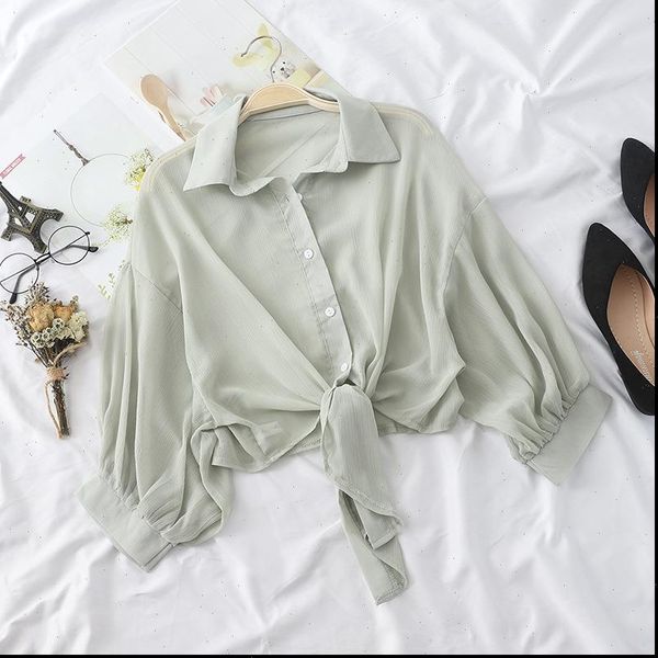 

chiffon summer half sleeve buttoned womens shirt up loose casual tied waist elegant blouses for, White