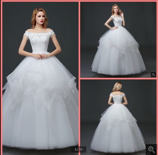

2021 latest style white lace tulle ball gown wedding dresses off the shoulder short sleeve crystals bride dress ruffled princess with pearls