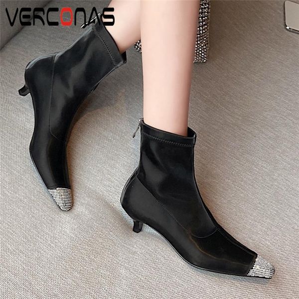 

boots verconas fashion women ankle stretch autumn winter shoes woman rhinestone round toe thin heels back zip, Black