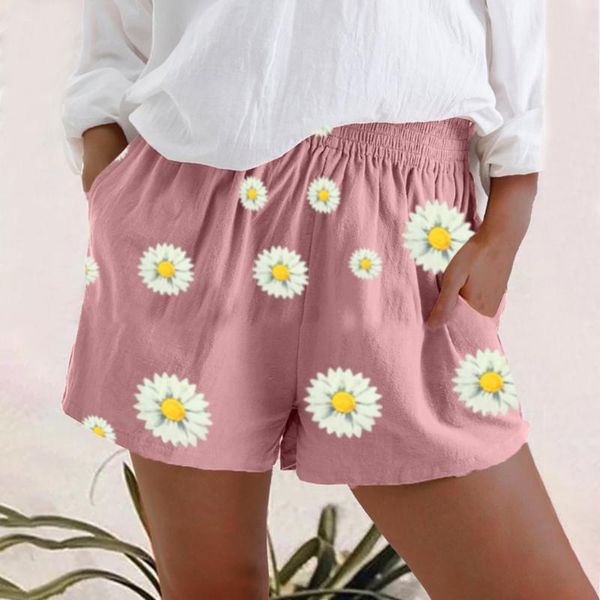

summer shorts women 2021 casual daisy print elastic waist linen pockets short feminino fashion sweetbeach female #611 women's, White;black