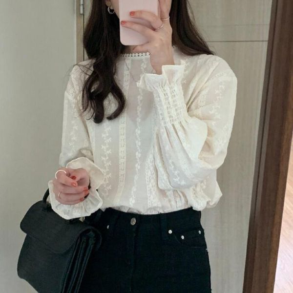 

long sleeve lace women lantern floral o-neck casual shirts blouse chemise blanche femme#3 women's blouses &, White