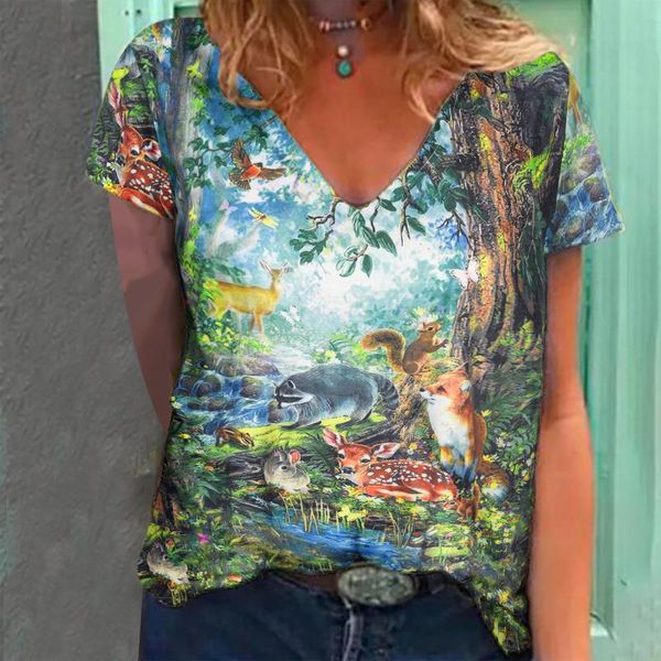 

women's t-shirt women summer tshirt vogue 3d animal print casual harajuku streetwear short sleeve v-neck loose 2021 #t2p, White
