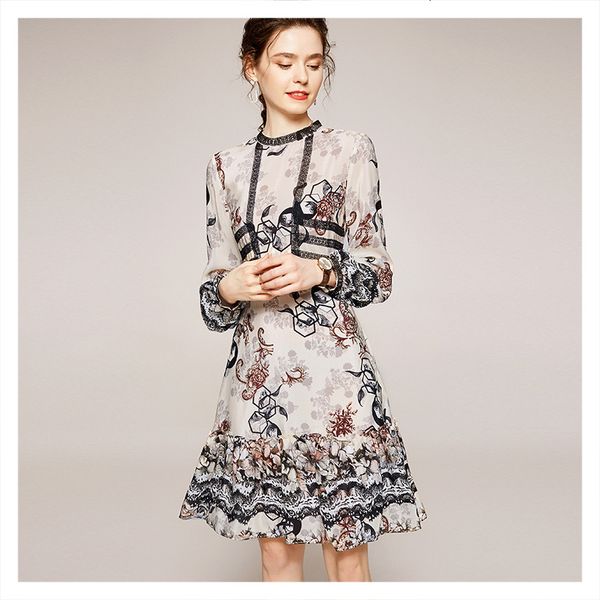 

dress 2021 fashion women's stand collar printed long-sleeved vintage elegant waist hugging silk, Black;gray