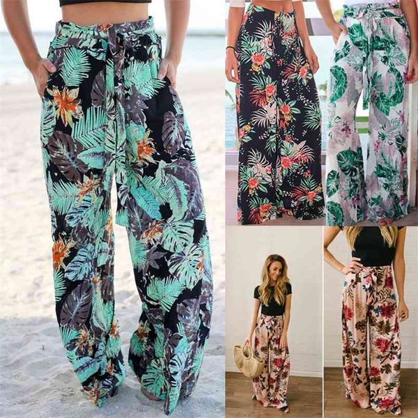 Verão Mulheres Floral Impressão Lace Up Alto Cintura Sashes Long Wide Leg Calças Solta Pocket Culottes Maxi Calças 210517
