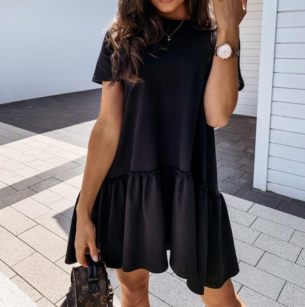 

casual dresses women asymmetrical short sleeve ruffles summer solid round neck pleated mini holiday beach sun 8j7s, Black;gray