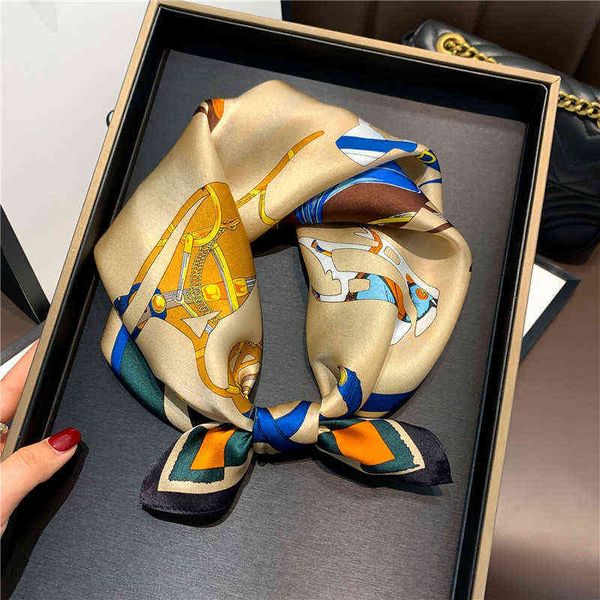 

scarves 2022 spring and summer decorative korean small square women's carriage chain elegant fashion silk scarf, Blue;gray