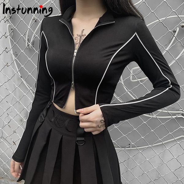 

women's t-shirt instunning streetwear punk strip reflective black crop gothic harajuku zipper long sleeve slim casual t-shirts, White