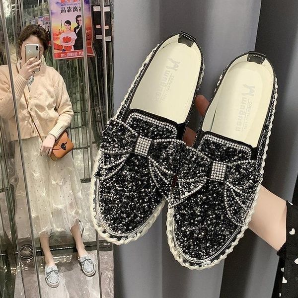 

2021 summer web celebrity casual all-match women slides crystal low heels slip-on slipper slippers, Black