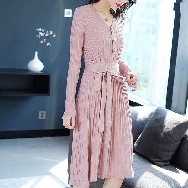 

dress elegant women shiny pleated knit spring fall long sleeve v-neck female sash glitter a-line sweater, Black;gray