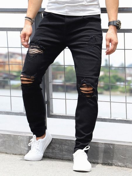 

men ripped tapered jeans o1o9#, Blue