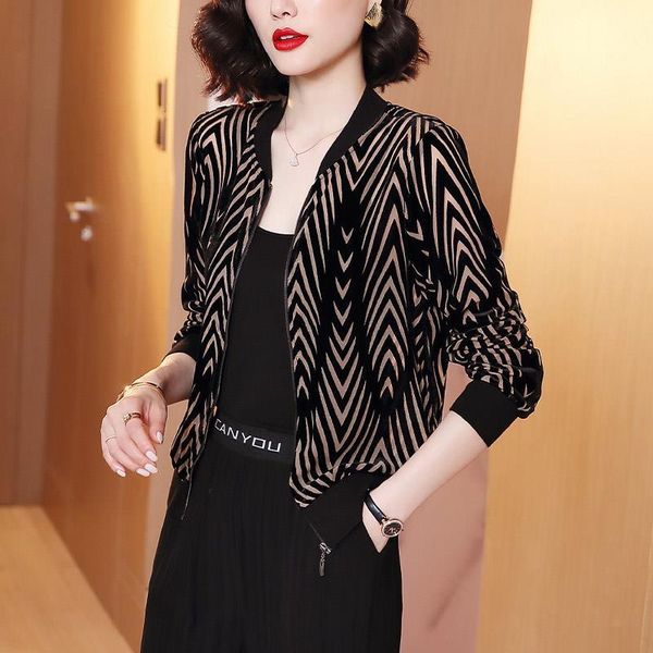 

women spring autumn elegant jacket lady o-neck print zipper short thin slim bomber jackets female casual loose i446 women's, Black;brown