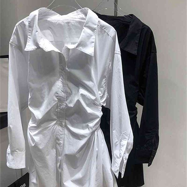 

dresses2021 style in spring summer fashion classic waist fold design casual versatile cotton lapel long sleeve shirt a2, Black;gray