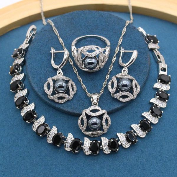 

earrings & necklace black pearls pendant ring silver color for women bridal jewelry sets zirocnia bracelet birthday gift box