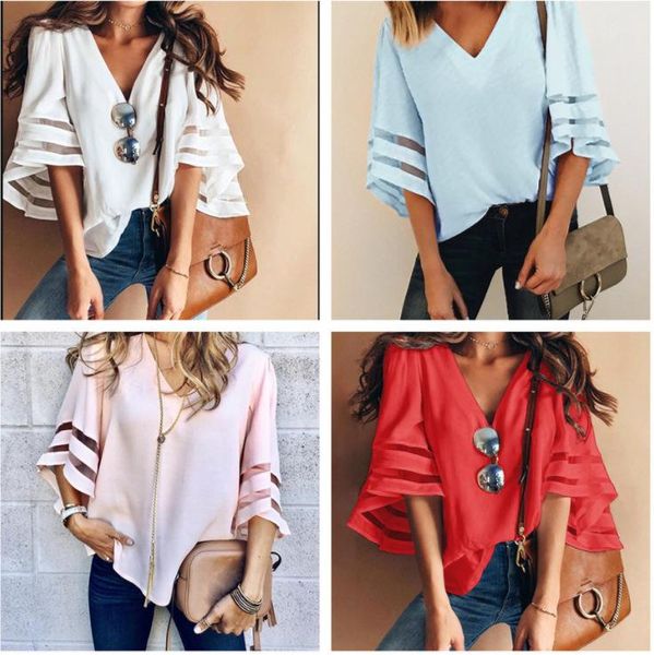 

women's t-shirt 2021 summer loose large size casual v-neck mesh stitching trumpet sleeves solid clothing, White