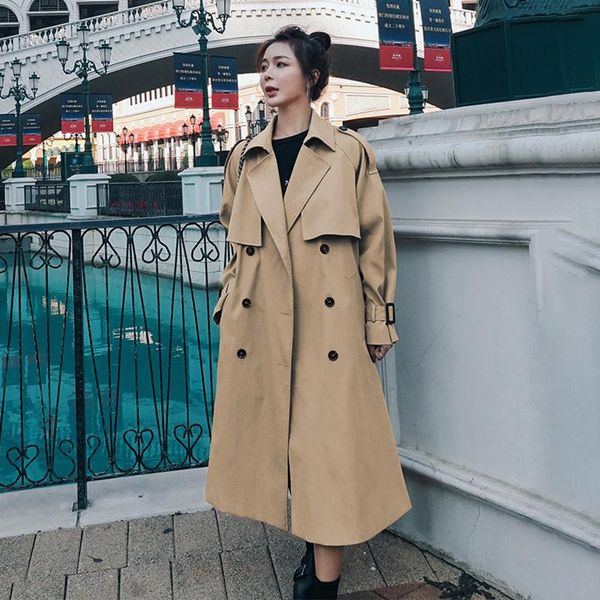 

women's trench coats windbreaker khaki 2021 spring autumn fashion lapel mid-length korean loose double breasted all-match coat 61m, Tan;black