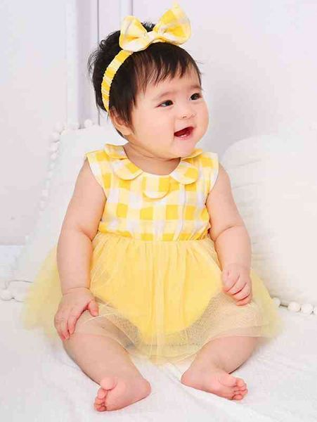 

baby gingham mesh overlay bodysuit with hair band she, Blue