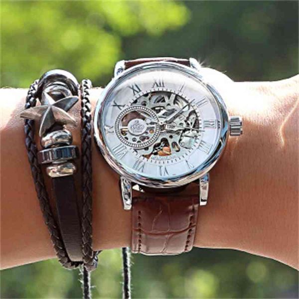 

ojina mgorkina roman numeral hollow out hand operated mechanical men's watch belt watch, Slivery;brown