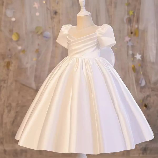 Schöne Perlen Satin Blumenmädchenkleider 2022 Bogen zurück Tutu Rock Erstkommunion Kleid Pageant Brithday Party für kleine Mädchen auf Lager