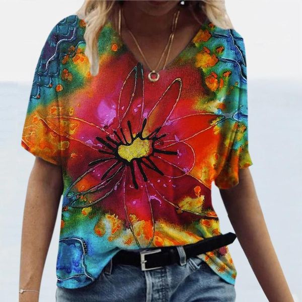 

harajuku t-shirt women v-neck floral landscape print short sleeve summer graphic tees oversize woman clothing women's, White