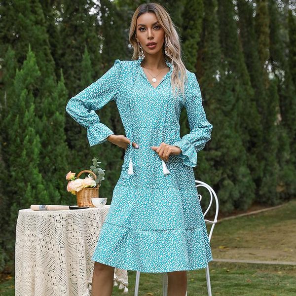 

casual dresses spring summer 2021 print dress women tassel lace up collar full sleeve ladies slim leopard long, Black;gray