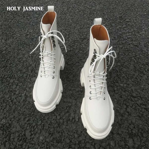 

spring lace-up ankle boots for women thick bottom round toe genuine leather black white all-match platform shoes 211105