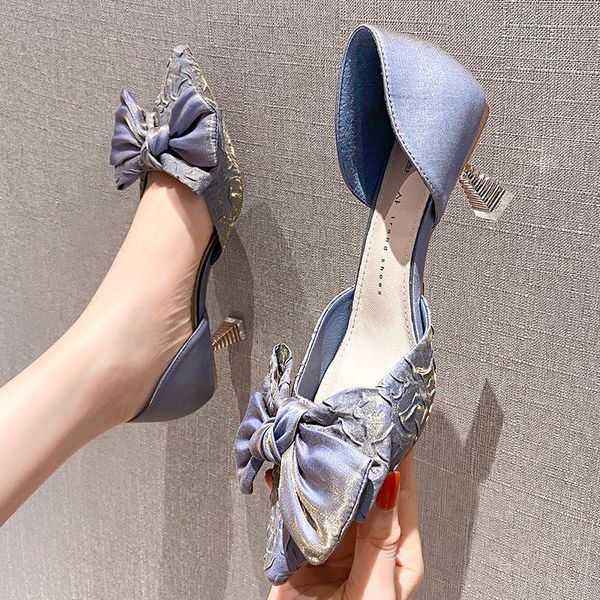 

dress shoes heels women bow slip on ol pumps sequined 2021 autumn pointed toe lady beige, Black