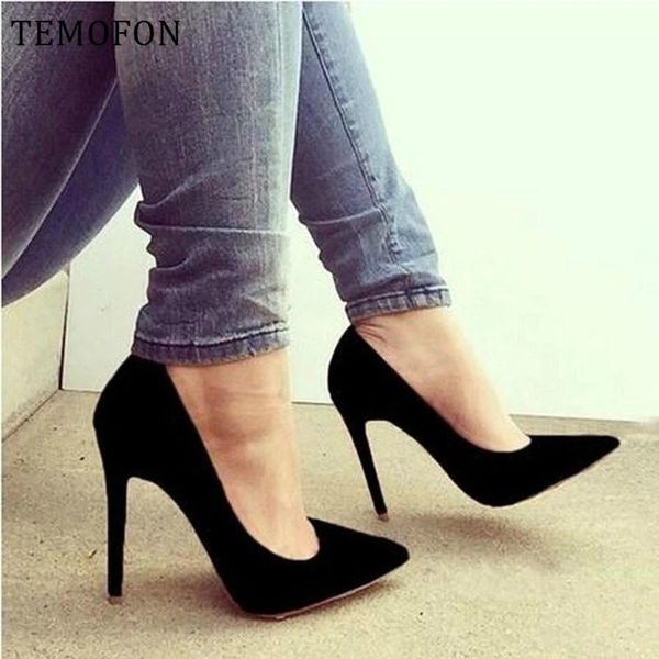 

dress shoes temofon black pumps high heel for women leopard ladies suede pointed toe wedding hvt734