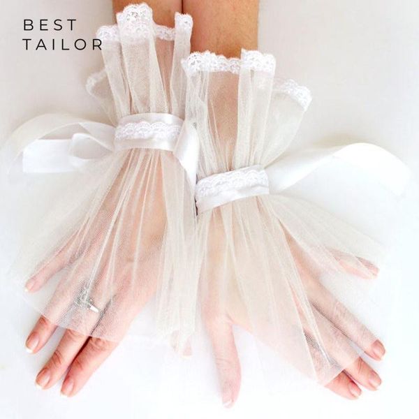 

bridal gloves romantic tulle short wedding accessoire mariage hand wrist ribbon tie femme accessories, White