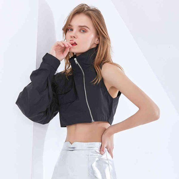 

streetwear patchwork zipper jacket for women lapel lantern sleeve asymmetrical casual short jackets female fashion, Black;brown