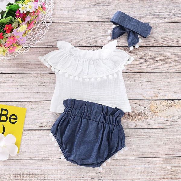 

summer born baby girl clothes sleeveless tassels +shorts+headband cotton set outfit infant clothing sets, White