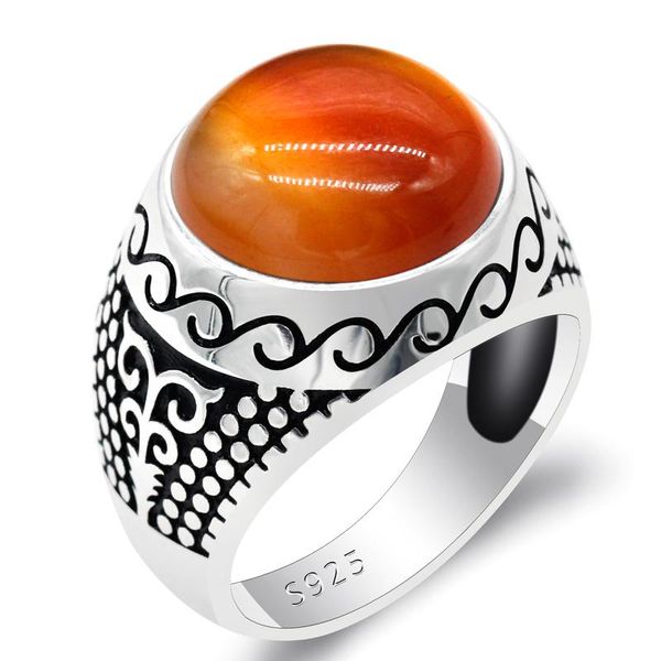 

cluster rings vintage 925 sterling silver original men ring with natural orange agate stone male onyx turkish handmade jewelry gift, Golden;silver
