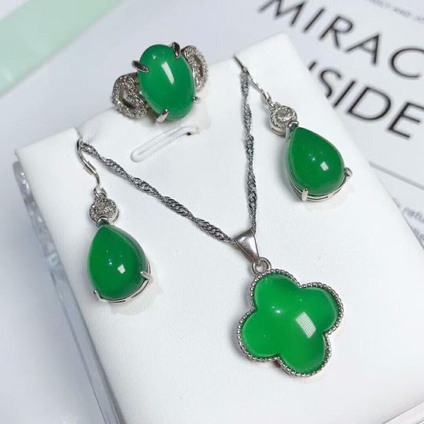 

natural green jade pendant handmade ring earring with 925 sterling silver sets clover set bracelet, earrings & necklace, Black