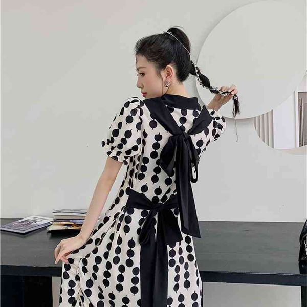 

casual dresses bandage puff sleeve long summer bow short lace up collar polka dot ladies midi korean fashion c3cq, Black;gray
