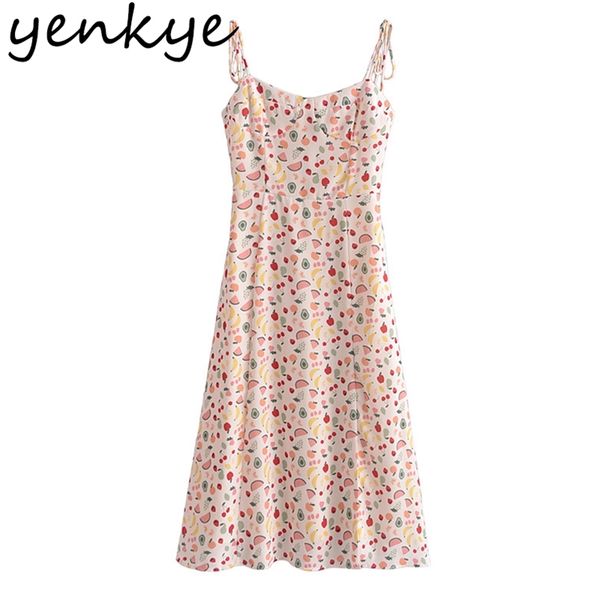 

sling holiday summer dress women multicolor fruit print hem slits chiffon female midi chic vestido 210514, Black;gray