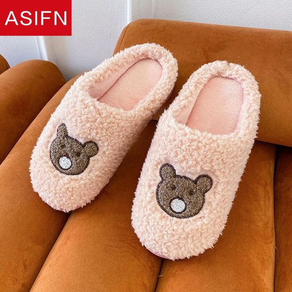

slippers asifn winter cartoon bear women's cute with fur girls plush slipper warm indoor faux men ladies cotton flat shoes, Black