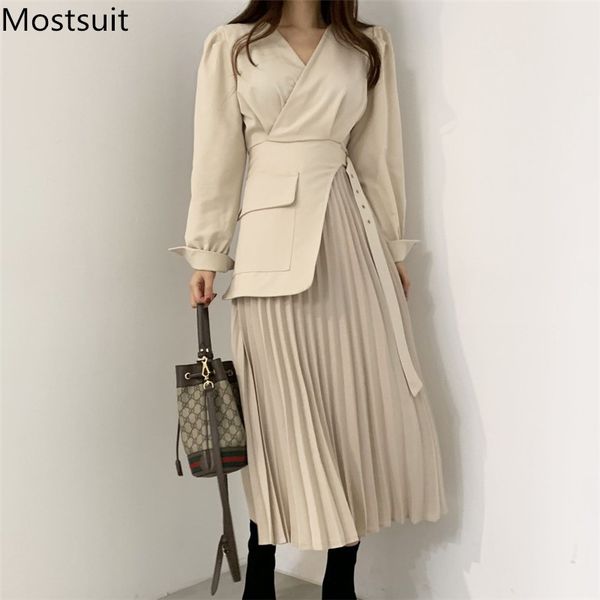 

korean fake two pieces pleated long dress women spring v-neck full sleeve belted stylish elegant office vestidos femme 210518, Black;gray