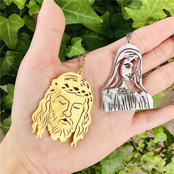 

custom drawing po necklaces stainless steel catholic jesus virgin mary pendant collares for men, Silver