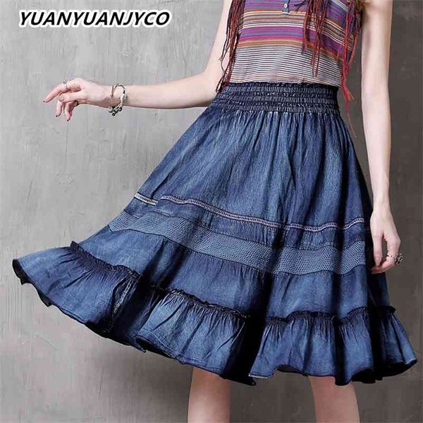 

skirts yuanyuanjyco summer women knee length indie folk denim bsq8 vintage patchwork high waist ruffles a-line midi clothes zw9t, Black