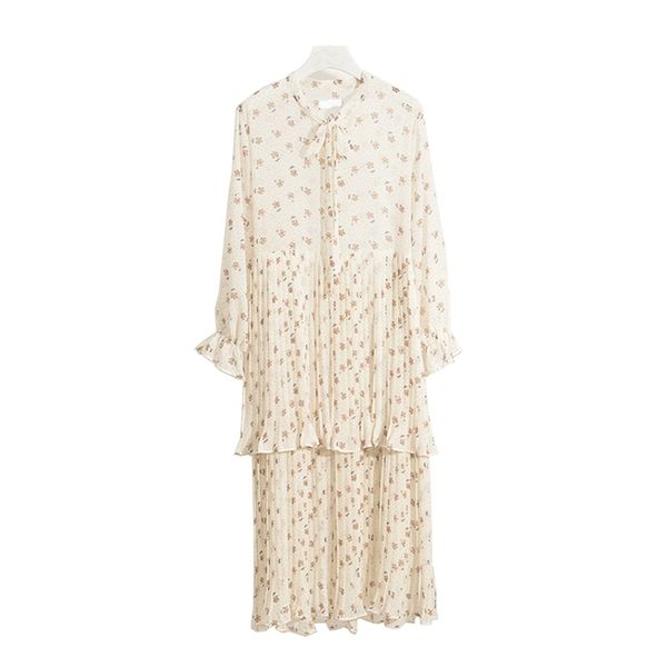 

spring autumn bow collar beige floral print chiffon cascading ruffle long sleeve midi dress d1658 210514, Black;gray