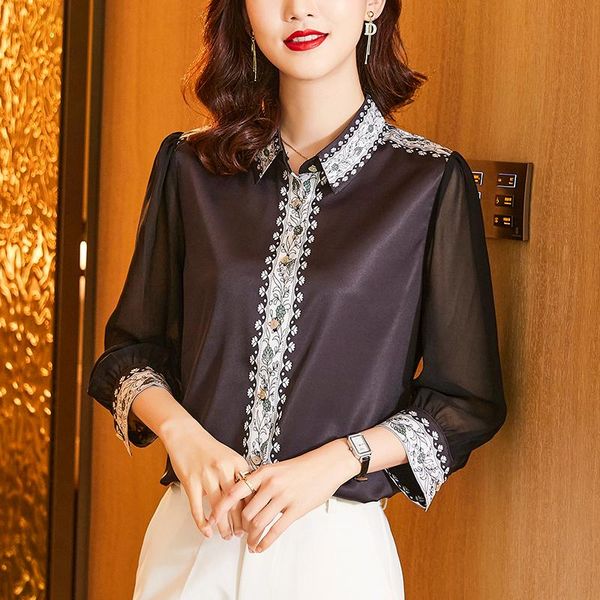 

women's blouses & shirts vintage silk printed shirt fashion professional women clothing turn down collar satin chiffon blouse, White